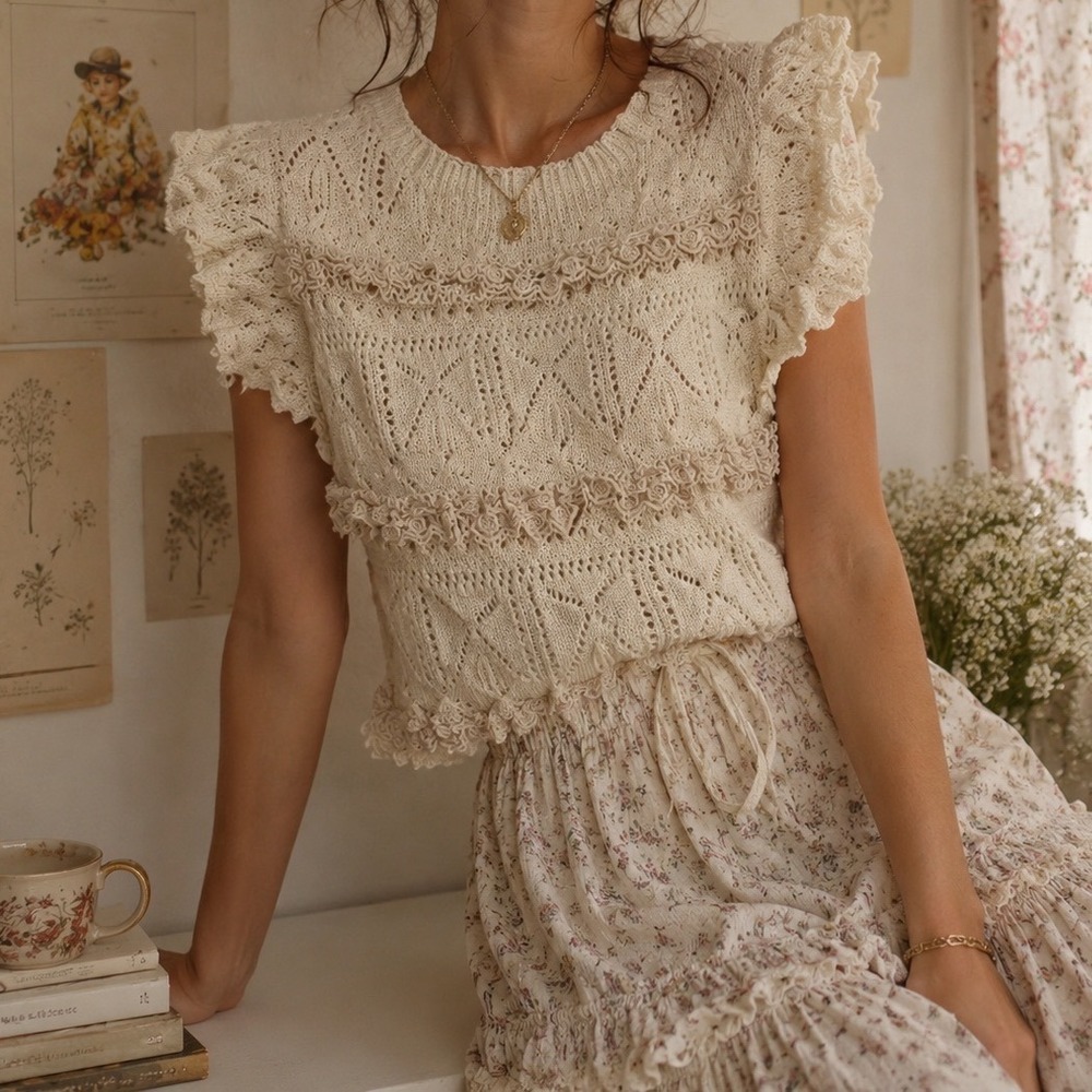 Strut & Bolt Cream Pointelle Knit Crochet Lace Ruffle Top K-4598-H Coquette M qq